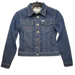 Ecko Red Denim Womens medium Jean Jacket Blue All Over Logo -miss button‎